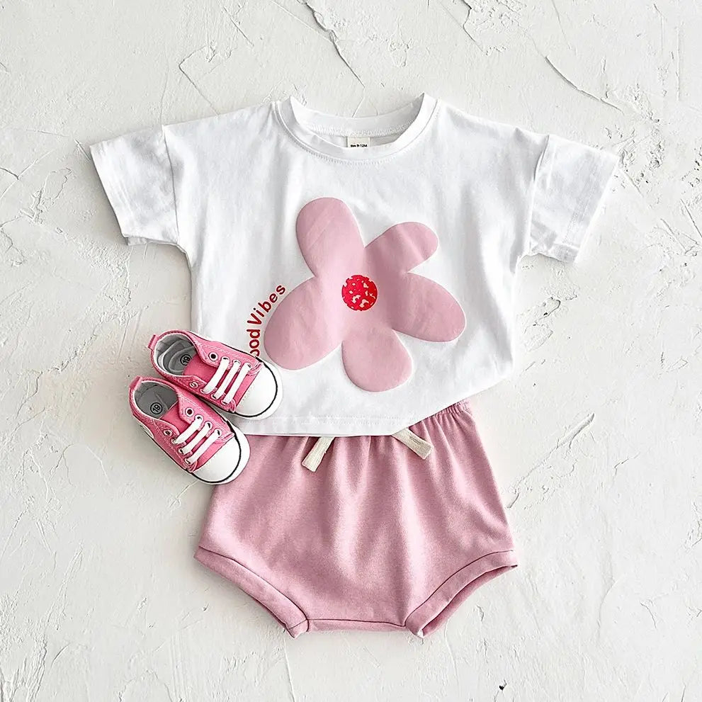 Toddler Boys Outfit Baby Clothes Set Newborn Baby Summer Clothing Cotton Girl Suit Sun Flower Print T-shirt+Beach Shorts