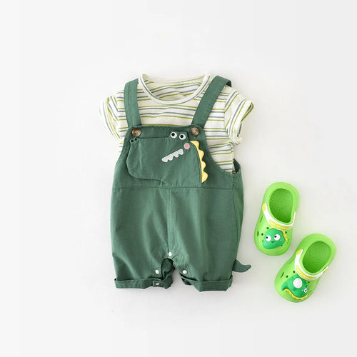 MILANCEL 2Pcs Baby Clothing Set Striped Tee And Dinosaur Overall Baby Clothing Set Toddler Outfit
