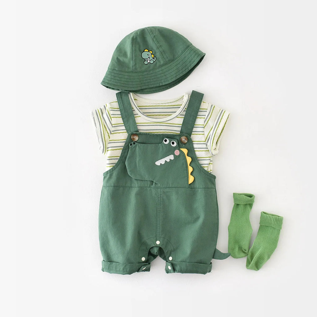 MILANCEL 2Pcs Baby Clothing Set Striped Tee And Dinosaur Overall Baby Clothing Set Toddler Outfit